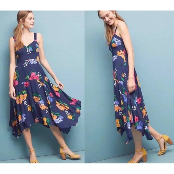 Anthropologie Dresses & Skirts - Anthropologie Navy Floral Handkerchief-Hem Midi Dress